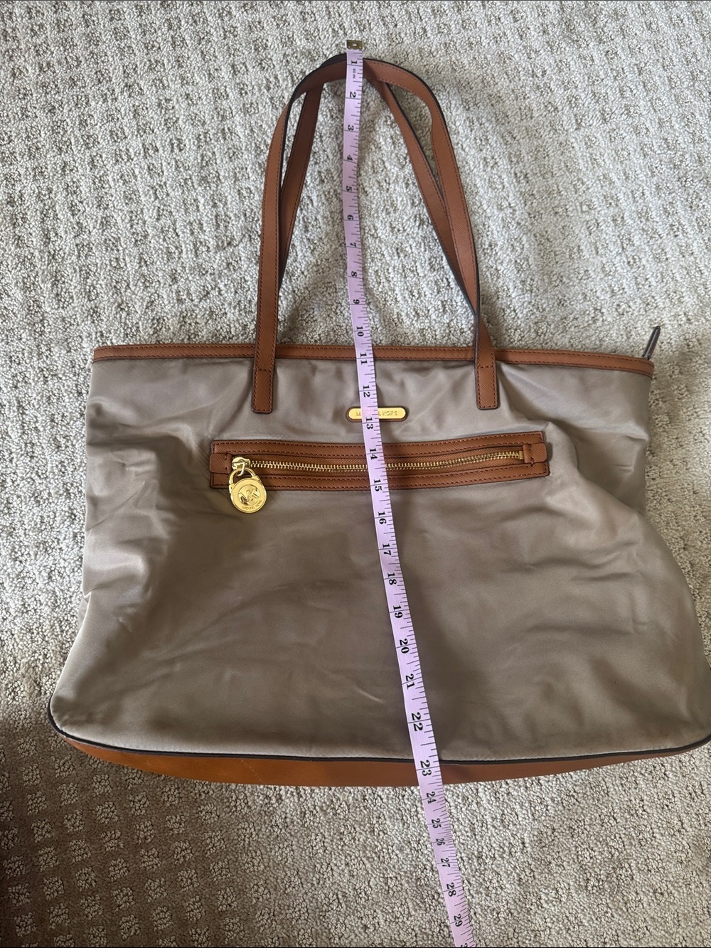 Michael Kors Beige Nylon Tote with Brown Leather Trim and Gold Hardware - Picture 12 of 14